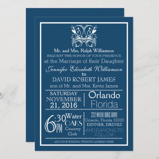  Deep Blue Typografie Huwelijksuitnodiging Kaart (Voorkant / Achterkant)