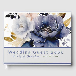 Deep Blue Waterverf Florals Bruiloft Gastenboek