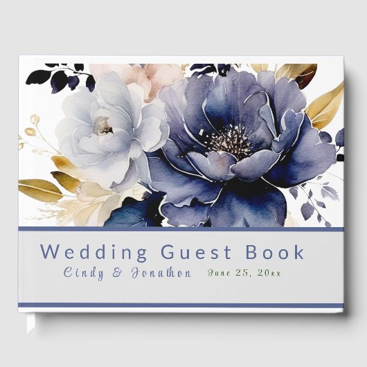 Deep Blue Waterverf Florals Bruiloft Gastenboek (Voorkant)