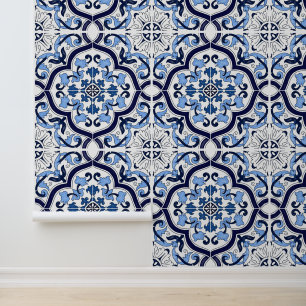 Deep Blue White Floral Sicilian Majolica Tegel Behang