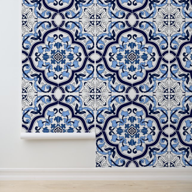 Deep Blue White Floral Sicilian Majolica Tegel Behang (Applicatie)