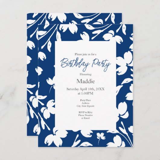 Deep Blue, White Flower Stems Kaart (Voorkant / Achterkant)