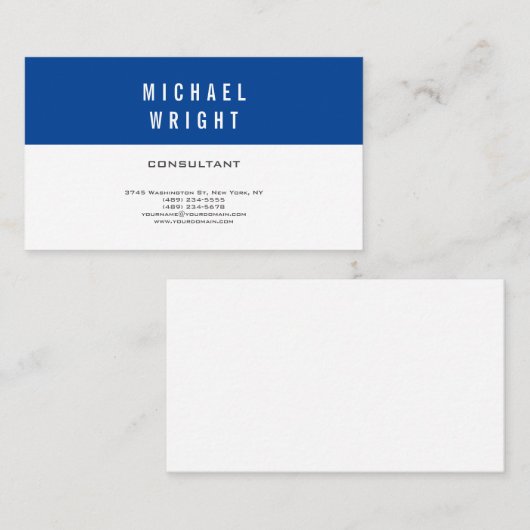 Deep Blue White Modern Plain Simple Minimalist Visitekaartje (Voorkant / Achterkant)