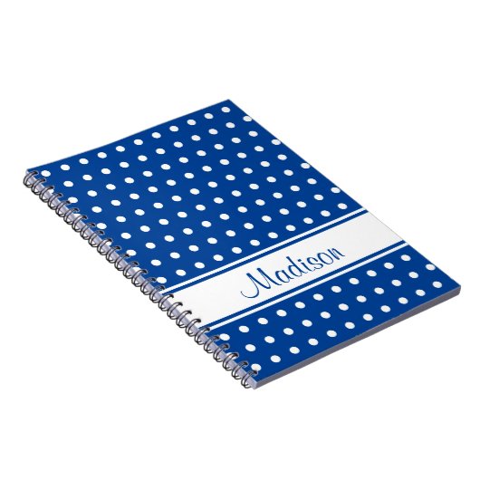 Deep Blue White Polka Dot Stripe Script Name Notitieboek (Rechterzijde)