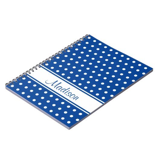 Deep Blue White Polka Dot Stripe Script Name Notitieboek (Linkerzijde)