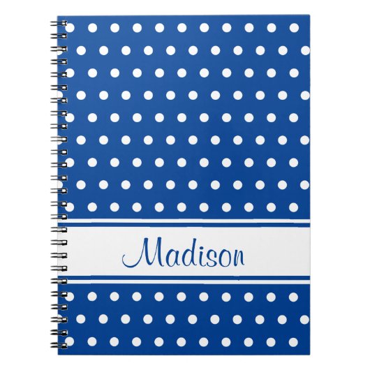 Deep Blue White Polka Dot Stripe Script Name Notitieboek (Voorkant)