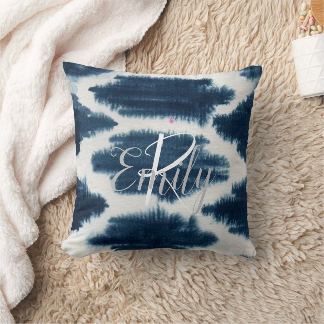 Deep Blue & White Shibori Tie Dye Monogram Name Kussen (Deken)
