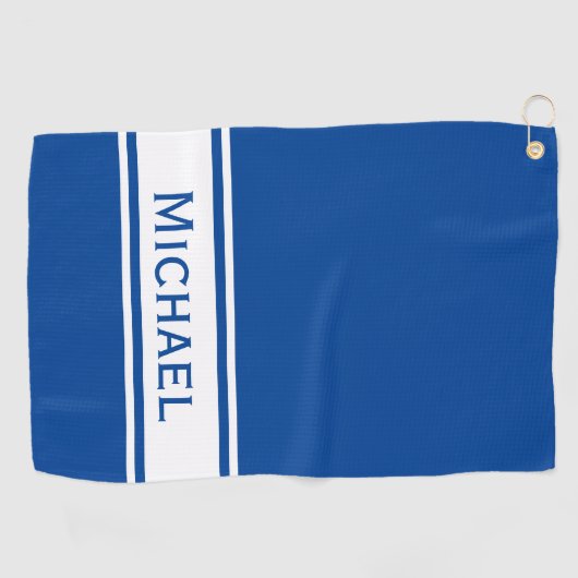 Deep Blue White Stripe Modern Name Monogram Golfhanddoek (Horizontaal)