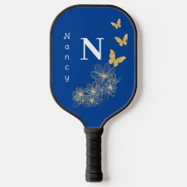 Deep Blue white white gold flower butterfly minima Pickleball Paddle