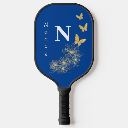 Deep Blue white white gold flower butterfly minima Pickleball Paddle (Voorkant)