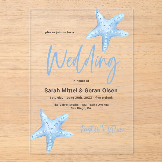 Deep Blue Zee bruiloft Acryl Uitnodigingen (Voorkant)