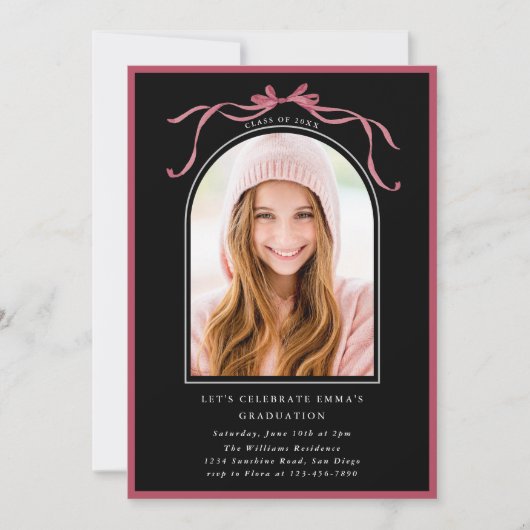 Deep Blush Bow Graduation Party Arch Photo Black Kaart (Voorkant)