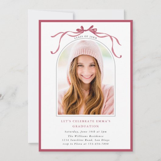 Deep Blush Bow Graduation Party Arch Photo Minimal Kaart (Voorkant)