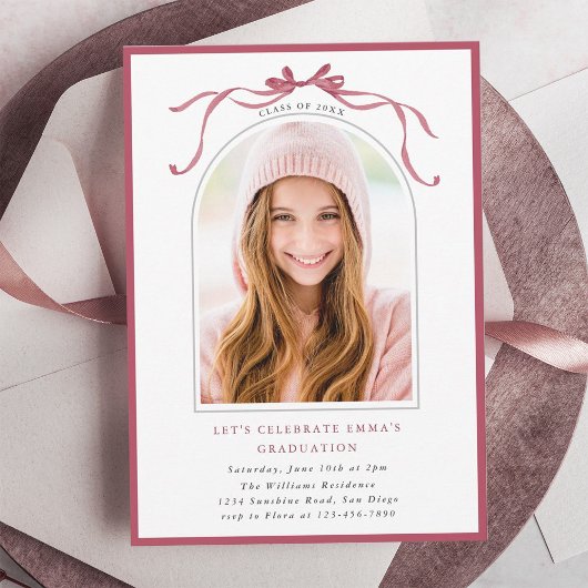 Deep Blush Bow Graduation Party Arch Photo Minimal Kaart