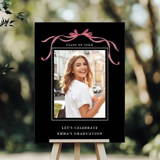 Deep Blush Bow Graduation Party Welcome Black Poster