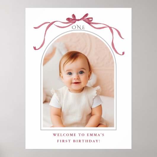 Deep Blush Pink Bow 1st Birthday Photo Welcome Poster (Voorkant)