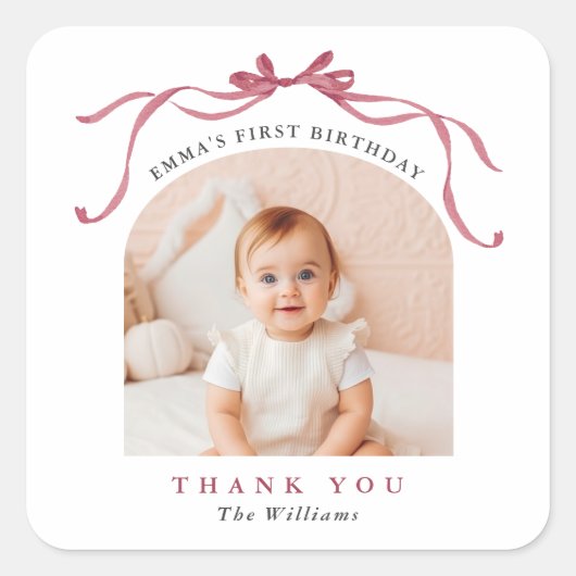 Deep Blush Pink Bow Birthday Thank You Vierkante Sticker (Voorkant)