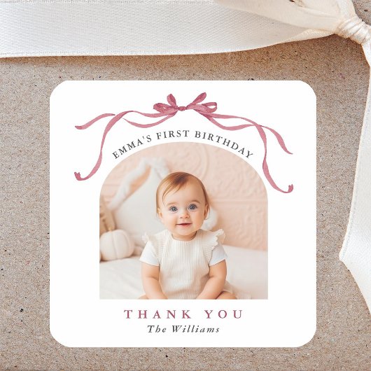 Deep Blush Pink Bow Birthday Thank You Vierkante Sticker