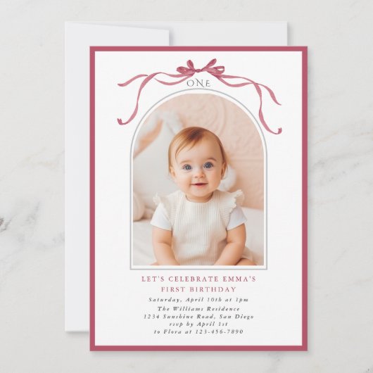 Deep Blush Pink Bow Girl 1st Birthday Arch Photo Kaart (Voorkant)