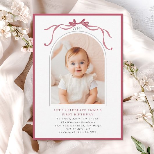 Deep Blush Pink Bow Girl 1st Birthday Arch Photo Kaart