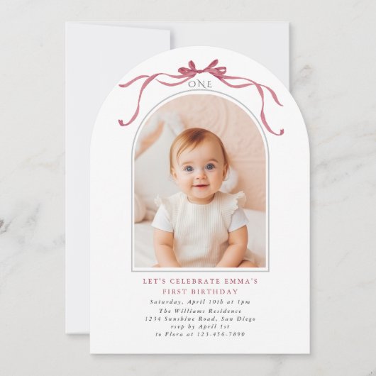 Deep Blush Pink Bow Girl 1st Birthday Arch Photo Kaart (Voorkant)