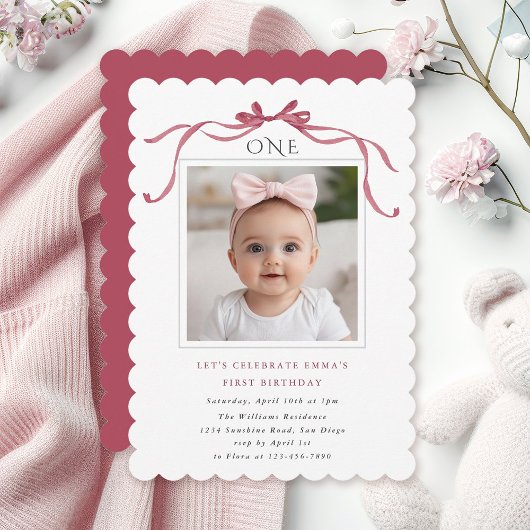 Deep Blush Pink Bow Girl 1st Birthday Party Kaart