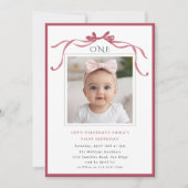 Deep Blush Pink Bow Girl 1st Birthday Party Photo Kaart (Voorkant)