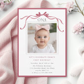 Deep Blush Pink Bow Girl 1st Birthday Party Photo Kaart