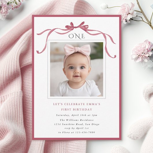 Deep Blush Pink Bow Girl 1st Birthday Party Photo Kaart