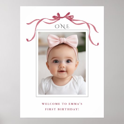 Deep Blush Pink Bow Girl 1st Birthday Welcome Poster (Voorkant)