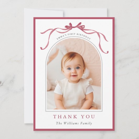 Deep Blush Pink Bow Minimal Birthday Photo  Bedankkaart (Voorkant)
