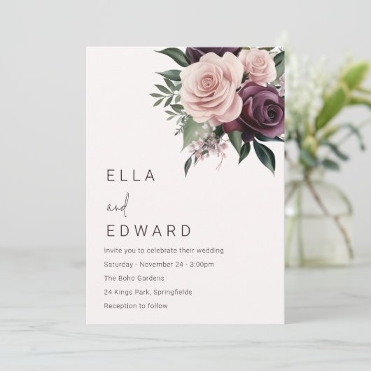 Deep Bourgogne & Dusty Roos Bruiloft Kaart (Staand voorkant)