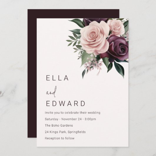 Deep Bourgogne & Dusty Roos Bruiloft Kaart (Voorkant / Achterkant)
