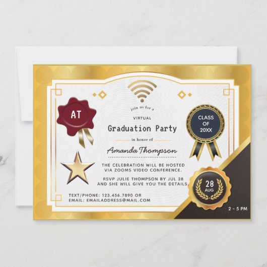 Deep Bourgogne en Gold Virtual Graduation Party Kaart (Voorkant)