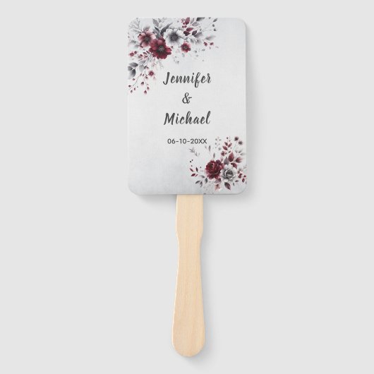 Deep Bourgogne Zilvergrijs Waterverf Bloemen Custo Handwaaier (Voorkant)