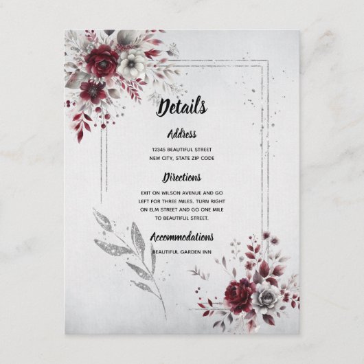 Deep Bourgogne Zilvergrijs Waterverf Bloemen Custo Informatiekaartje (Voorkant)