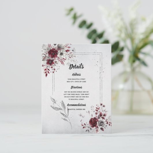 Deep Bourgogne Zilvergrijs Waterverf Bloemen Custo Informatiekaartje (Staand voorkant)