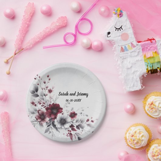 Deep Bourgogne Zilvergrijs Waterverf Bloemen Custo Papieren Bordje (Feest)