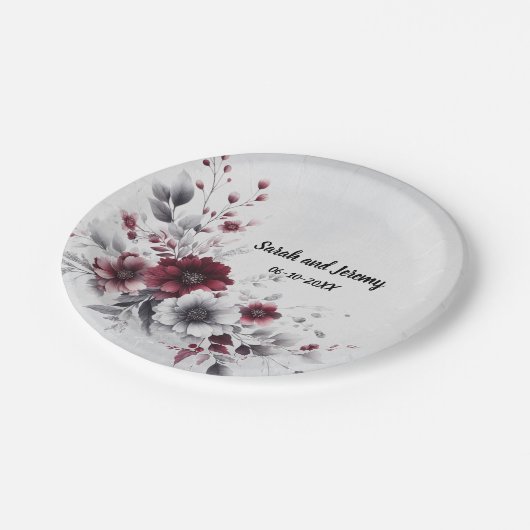 Deep Bourgogne Zilvergrijs Waterverf Bloemen Custo Papieren Bordje (Gekanteld)