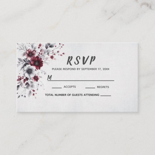 Deep Bourgogne Zilvergrijs Waterverf Bloemen Custo Plaatskaartje (Voorkant)