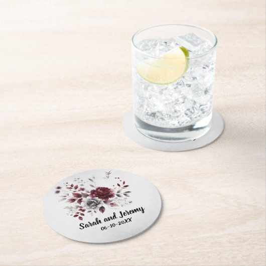 Deep Bourgogne Zilvergrijs Waterverf Bloemen Custo Ronde Kartonnen Onderzetter (Insitu)