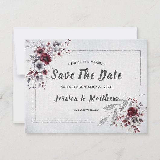 Deep Bourgogne Zilvergrijs Waterverf Bloemen Custo Save The Date (Voorkant)