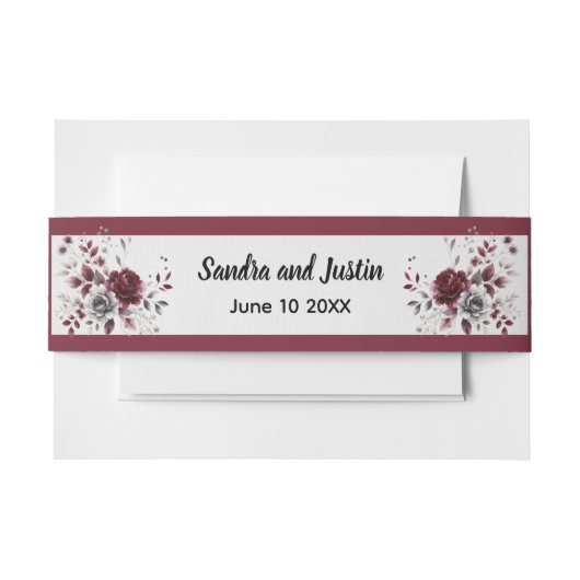 Deep Bourgogne Zilvergrijs Waterverf Bloemen Custo Uitnodigingen Wikkel (Voorkant Voorbeeld)