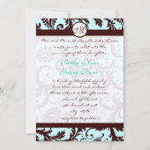 Deep Brown Damask Aqua Blue Wedding Invitation Kaart (Voorkant)