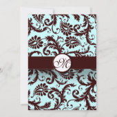 Deep Brown Damask Aqua Blue Wedding Invitation Kaart (Achterkant)