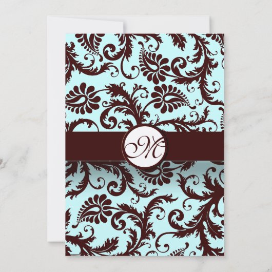 Deep Brown Damask Aqua Blue Wedding Invitation Kaart (Achterkant)