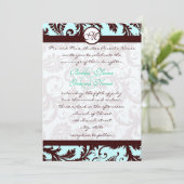 Deep Brown Damask Aqua Blue Wedding Invitation Kaart (Staand voorkant)