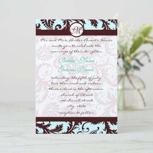 Deep Brown Damask Aqua Blue Wedding Invitation Kaart (Staand voorkant)