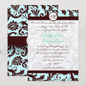 Deep Brown Damask Aqua Blue Wedding Invitation Kaart (Voorkant / Achterkant)