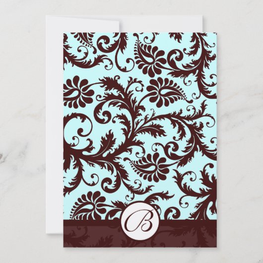 Deep Brown Damask Aqua Blue Wedding Invitation Kaart (Voorkant)